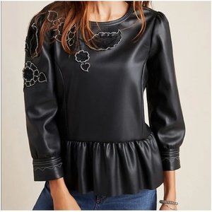 VINEET BAHL Anthropologie Black Sheena Faux Leather Peplum Embroidery Shirt